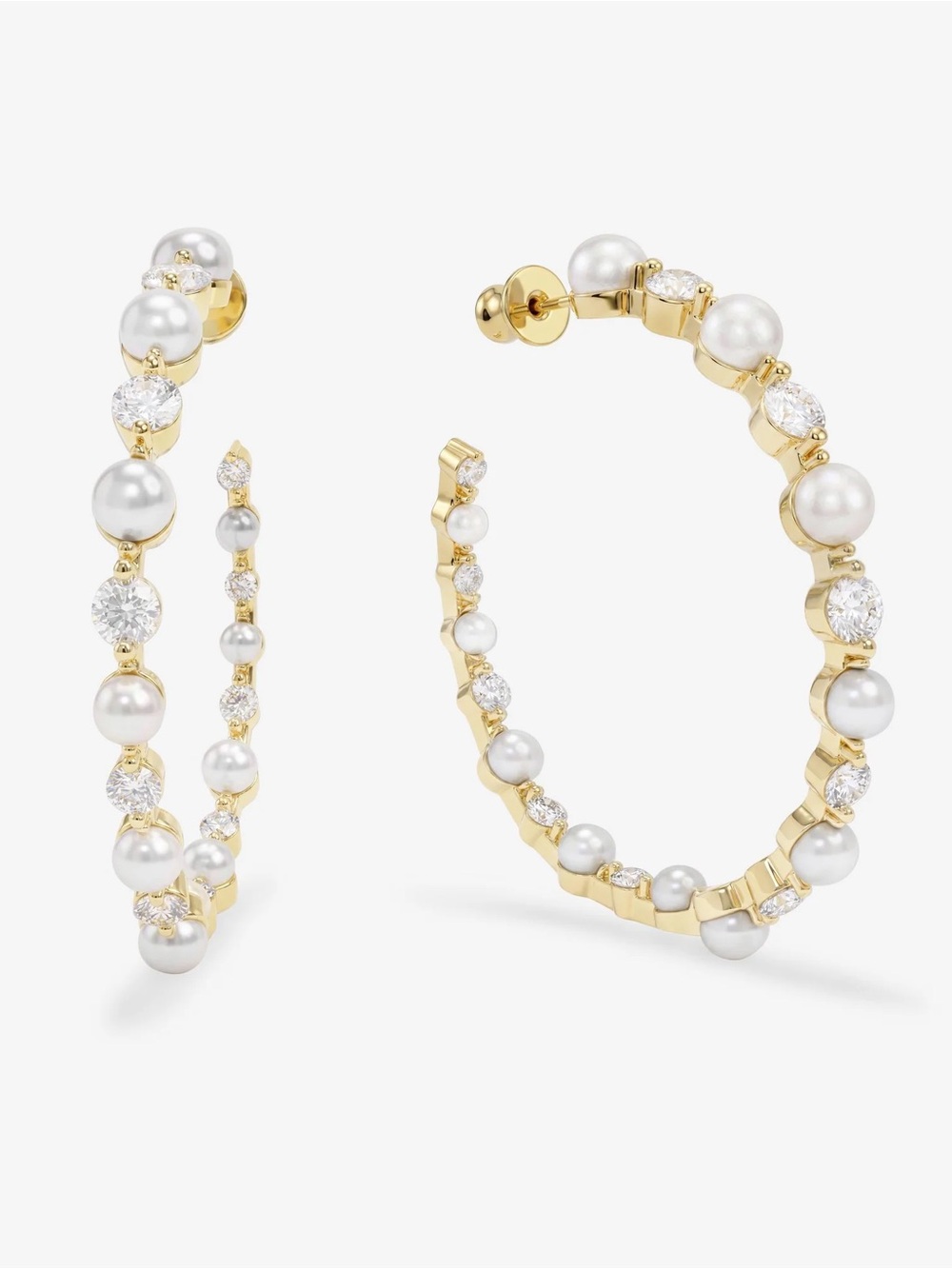 Melinda Maria Gold Hoop Earrings with White Pearls and Simulated Diamonds- 2”